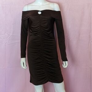 PrettyLittleThing Chocolate Ring Detail Bardot Slinky Bodycon Dress size 10